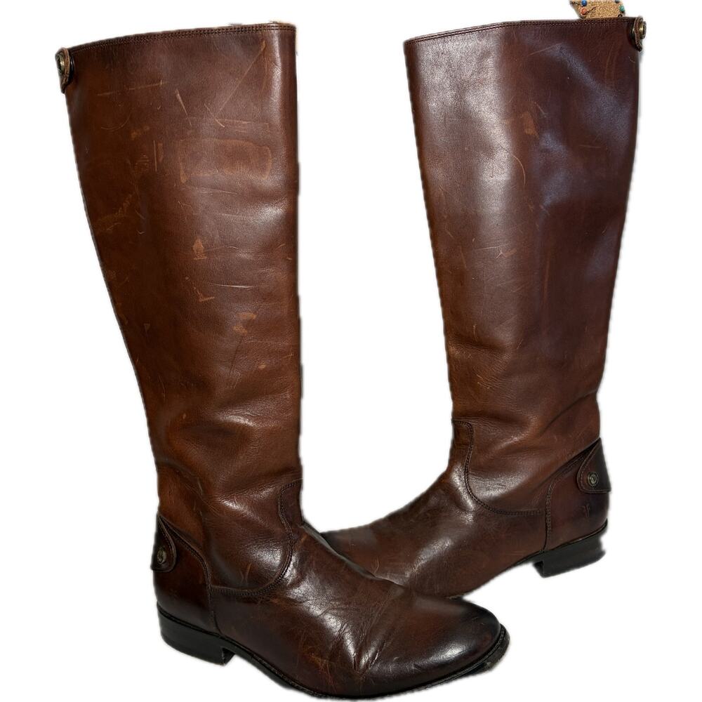 FRYE Boots Melissa Back Zip Lug Dark Brown Burnished Leather Knee High 10B